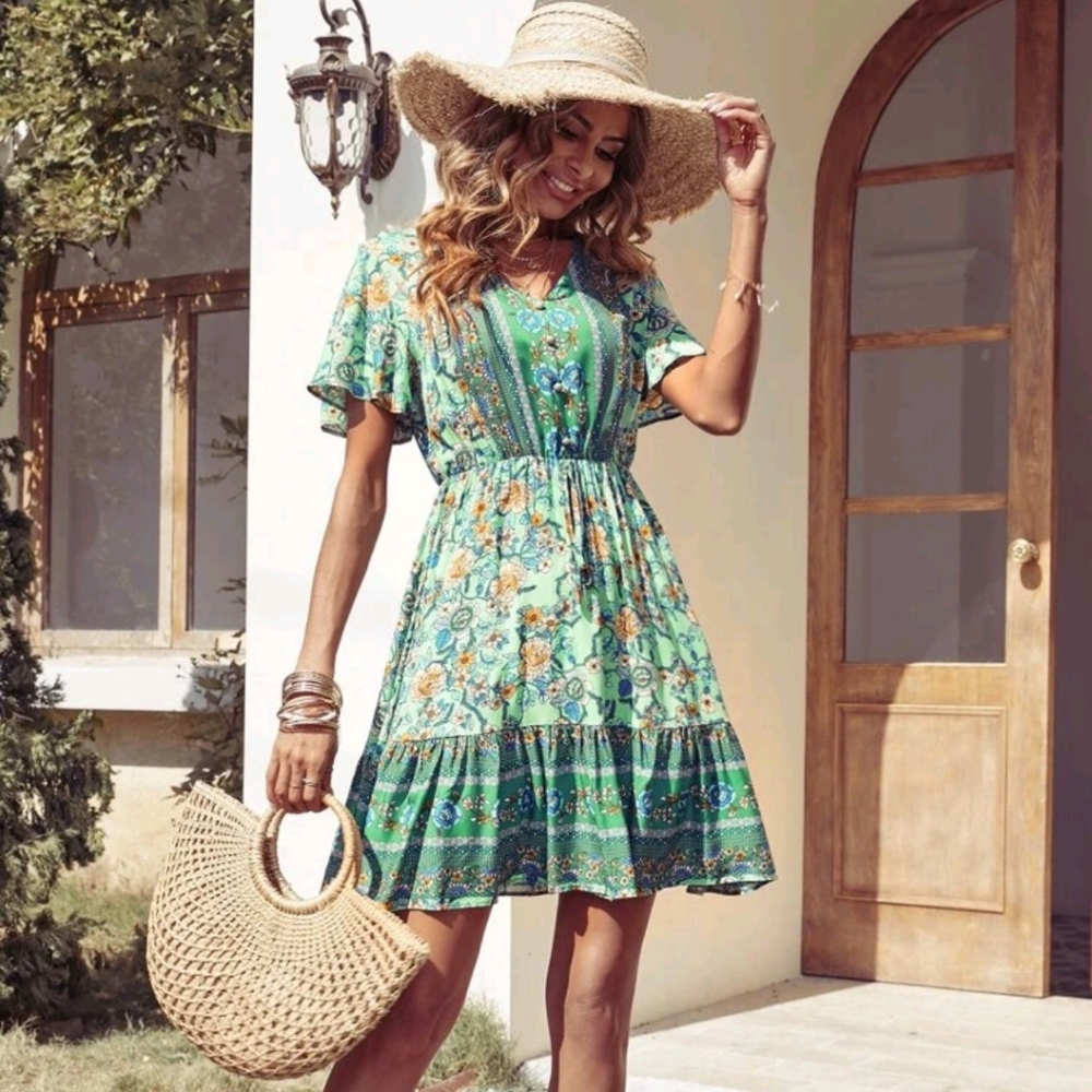 Women's green floral boho dress
